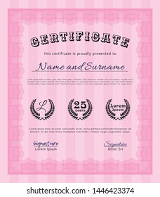 Pink Sample Diploma. Cordial design. With guilloche pattern. Detailed. 