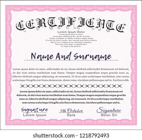 Pink Sample Diploma. Customizable, Easy to edit and change colors. With guilloche pattern and background. Money style design. 