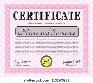 Pink Sample Diploma. Detailed. With complex background. Good design. 