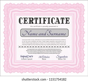 Pink Sample Diploma. Detailed. With complex background. Cordial design. 
