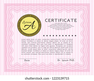 Pink Sample Diploma. Detailed. Complex background. Excellent design. 