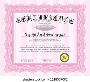 Pink Sample Diploma. Detailed. With guilloche pattern and background. Modern design. 