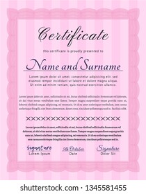 Pink Sample Diploma. Detailed. With linear background. Money Pattern. 