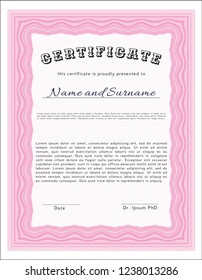 Pink Sample Diploma. Excellent design. Customizable, Easy to edit and change colors. With guilloche pattern and background. 
