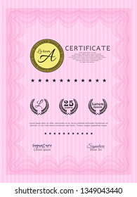 Pink Sample Diploma. Excellent design. Vector illustration. With guilloche pattern. 