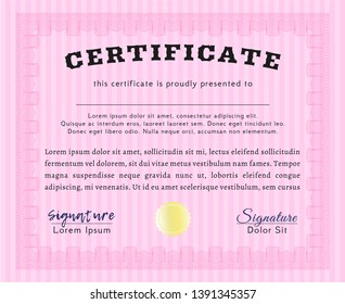 Pink Sample Diploma. Excellent design. Complex background. Detailed. 