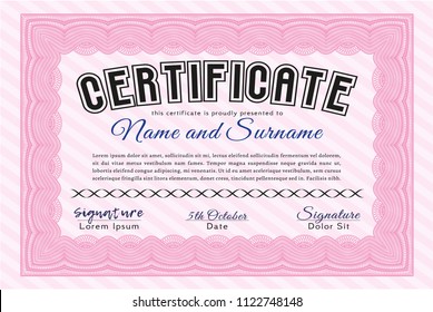Pink Sample Diploma. Good design. With complex linear background. Vector illustration. 