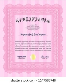 Pink Sample Diploma. With great quality guilloche pattern. Modern design. Vector illustration. 