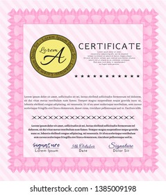 Pink Sample Diploma. With great quality guilloche pattern. Money Pattern design. Customizable, Easy to edit and change colors. 