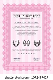  Pink Sample Diploma. With guilloche pattern and background. Detailed. Money Pattern. 