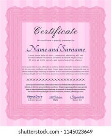 Pink Sample Diploma. With guilloche pattern. Customizable, Easy to edit and change colors. Money Pattern. 