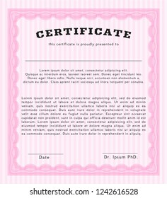 Pink Sample Diploma. With guilloche pattern and background. Customizable, Easy to edit and change colors. Superior design. 