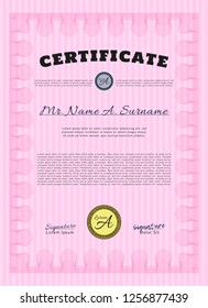 Pink Sample Diploma. With guilloche pattern and background. Excellent design. Vector illustration. 