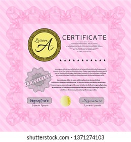 Pink Sample Diploma. With guilloche pattern and background. Detailed. Superior design. 