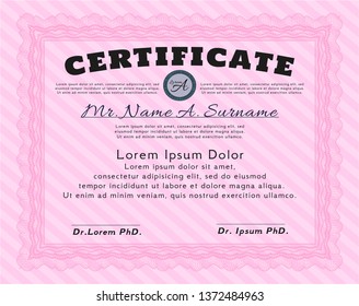 Pink Sample Diploma. With guilloche pattern and background. Perfect design. Detailed. 