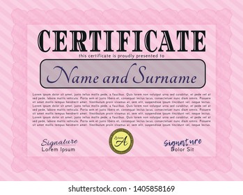 Pink Sample Diploma. With guilloche pattern and background. Customizable, Easy to edit and change colors. Money style design. 