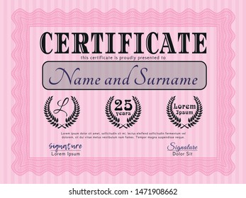 Pink Sample Diploma. With guilloche pattern and background. Customizable, Easy to edit and change colors. Money design. 