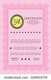 Pink Sample Diploma. With guilloche pattern and background. Detailed. Money Pattern. 