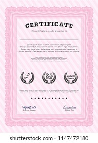 Pink Sample Diploma. With linear background. Retro design. Detailed. 