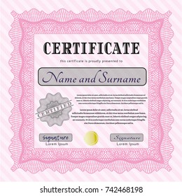 Pink Sample Diploma. Money design. Detailed. With guilloche pattern. 