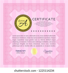 Pink Sample Diploma. Money Pattern design. Customizable, Easy to edit and change colors. With complex linear background. 