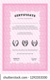 Pink Sample Diploma. Money style design. Detailed. With great quality guilloche pattern. 