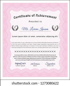 Pink Sample Diploma. Nice design. Vector illustration. With guilloche pattern. 