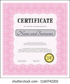 Pink Sample Diploma. Perfect design. Customizable, Easy to edit and change colors. With complex background. 