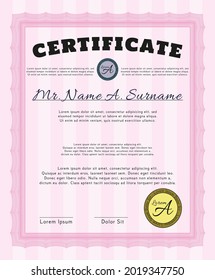 Pink Sample Diploma.  Perfect design.  With guilloche pattern and background.  Detailed. 