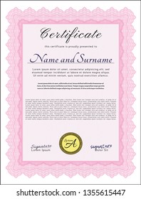 Pink Sample Diploma. With quality background. Customizable, Easy to edit and change colors. Modern design. 