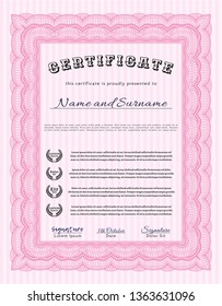 Pink Sample Diploma. Retro design. Vector illustration. With great quality guilloche pattern. 