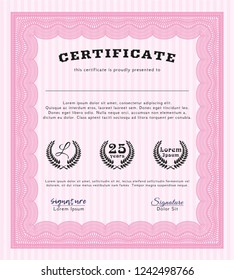 Pink Sample Diploma. Sophisticated design. With guilloche pattern and background. Customizable, Easy to edit and change colors. 