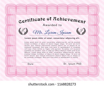 Pink Sample Diploma. Superior design. With guilloche pattern. Vector illustration. 