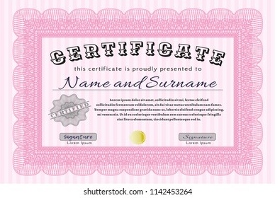 Pink Sample Diploma. Vector illustration. Complex background. Money design. 