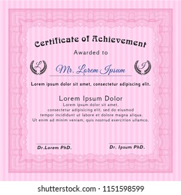 Pink Sample Diploma. Vector illustration. With great quality guilloche pattern. Money design. 