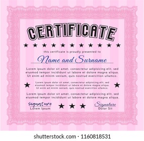 Pink Sample Diploma. Vector illustration. Complex background. Money design. 