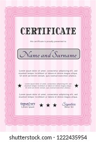 Pink Sample Diploma. Vector illustration. With guilloche pattern and background. Cordial design. 