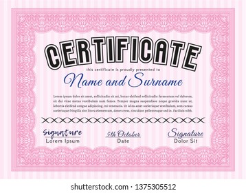 Pink Sample Diploma. Vector illustration. Complex background. Money Pattern design. 