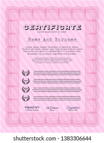 Pink Sample Diploma. Vector illustration. With guilloche pattern. Perfect design. 