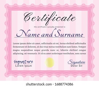 Pink Sample Diploma. Vector illustration. Complex background. Good design. 