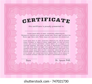 Pink Sample Diploma. Vector illustration. With great quality guilloche pattern. Modern design. 