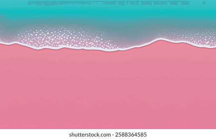 Pink sand beach, turquoise piece of sea or ocean, top view. Ocean waves break on tropical sand beach. Summer holiday background design template for web graphic, banner, card, brochure, leaflet. 