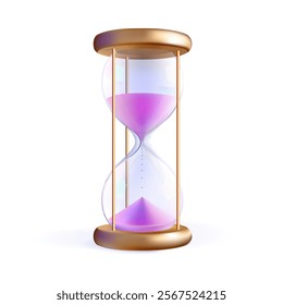 Pink sand clock hourglass. Time flow in glass bulb watch. Vector transparent sandglass countdown. Budget timer 3d icon. Abstract realistic vintage deadline. Geometric flowing modern half passed period