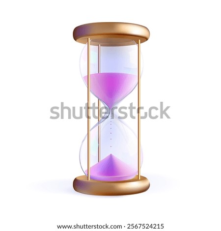 Pink sand clock hourglass. Time flow in glass bulb watch. Vector transparent sandglass countdown. Budget timer 3d icon. Abstract realistic vintage deadline. Geometric flowing modern half passed period