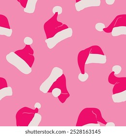 Pink Santa Claus hat pattern.  Seamless vector clip art. Vivid bold design.