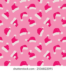 Pink Santa Claus hat pattern.  Seamless vector clip art. Vivid bold design.