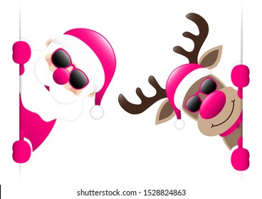 Pink Santa Claus And Reindeer Sunglasses Looking Inside Banner