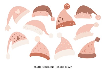 Pink Santa hat clipart set. Christmas festive element. Vector illustration in flat style