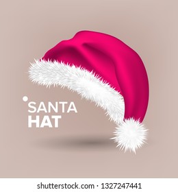 Pink Santa Hat Vector. Party Icon. Head Background. Holiday Icon. Santa Claus Holiday Pink And White Cap. Winter Christmas Design. Isolated Realistic Illustration