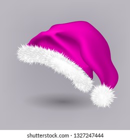 Pink Santa Hat Vector. Snow Clothing. Celebration Object. Seasonal Accessory. Santa Claus Holiday Pink And White Cap. Winter Christmas Design. Isolated Realistic Illustration